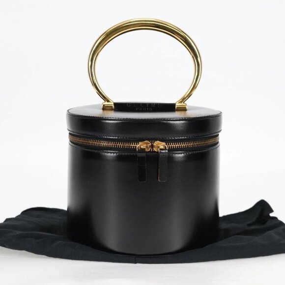 CELINE Vanity Cosmetic Pouch Leather Black Gold Auth 125415V - Picture 13 of 16